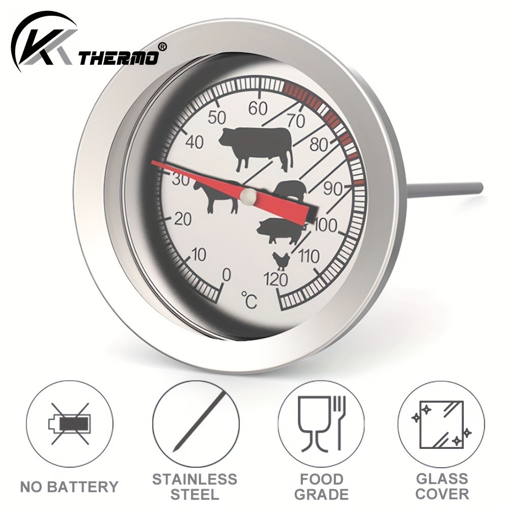 KT THERMO Stainless Steel Meat Thermometer  Glass-Dial Probe Gauge for BBQ, Roasting & All Meat Cooking