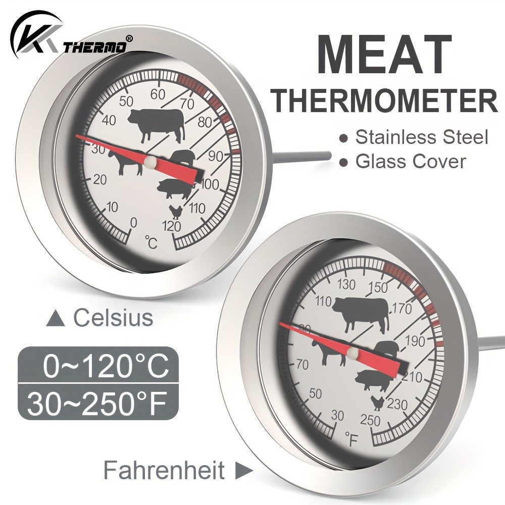 KT THERMO Stainless Steel Meat Thermometer  Glass-Dial Probe Gauge for BBQ, Roasting & All Meat Cooking
