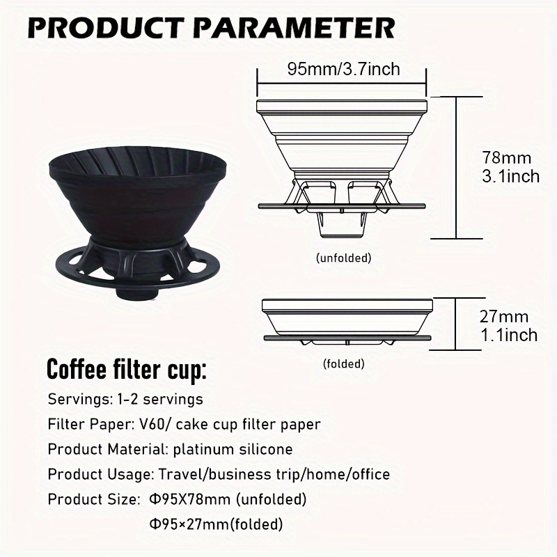 KT THERMO Collapsible Silicone Pour-Over Coffee Dripper  Foldable V60 Filter Cup for Camping, Hiking & Outdoor Brewing