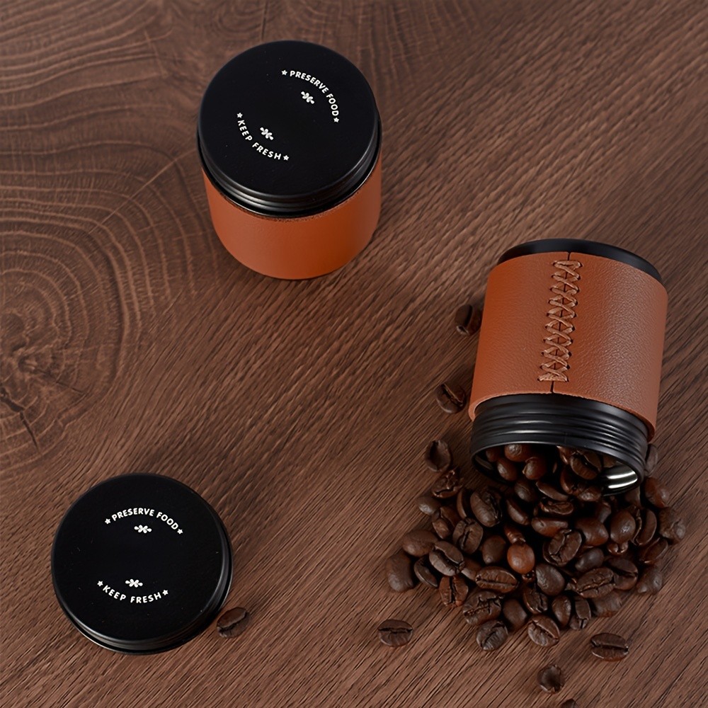 KT THERMO Portable Coffee Bean Storage Jar  Aluminium Alloy & PU Leather Mini Canister for Coffee, Tea & Flower Tea