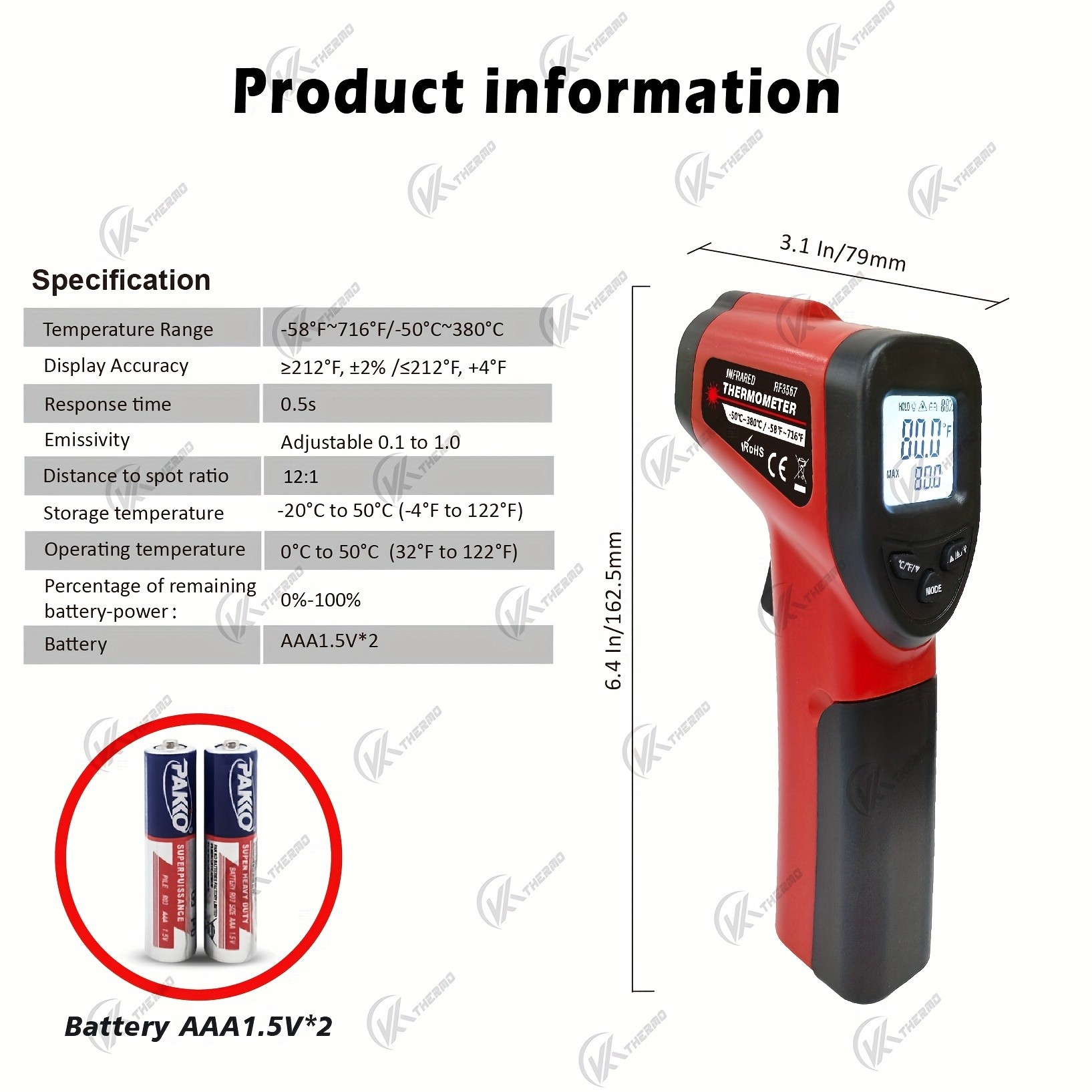 KT THERMO Non-Contact Infrared Temperature Gun  Laser Thermometer -50C to 380C for Cooking, Baking & BBQ