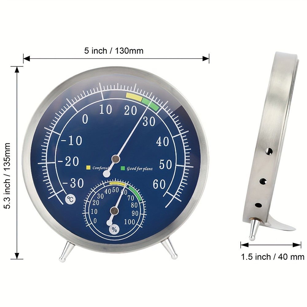 KT THERMO Premium Stainless Steel Indoor Thermo-Hygrometer Analog Temperature & Humidity Monitor with Non-Skid Base (No Battery Needed)