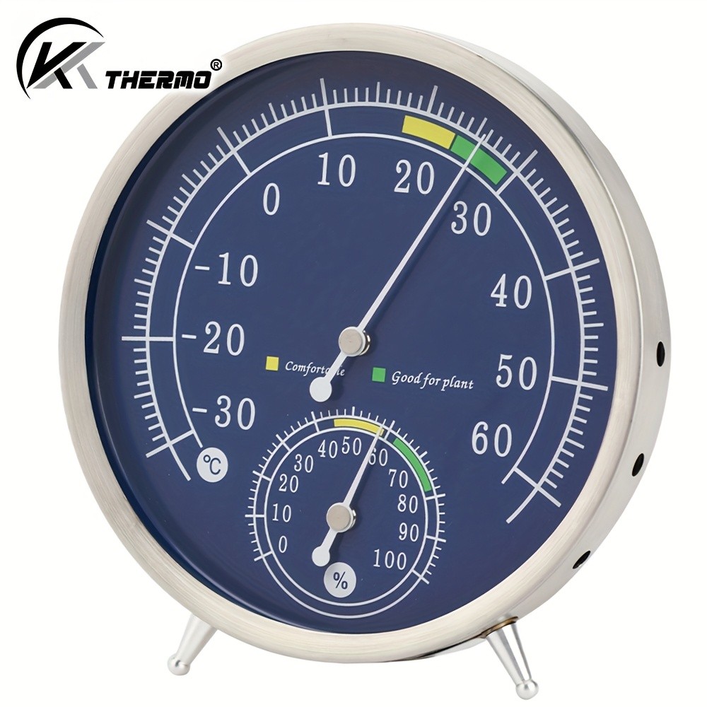 KT THERMO Premium Stainless Steel Indoor Thermo-Hygrometer Analog Temperature & Humidity Monitor with Non-Skid Base (No Battery Needed)