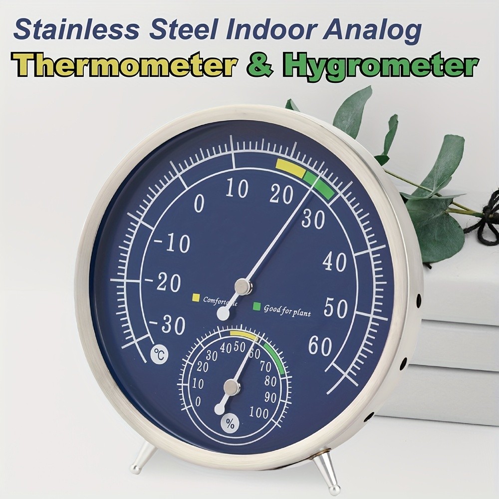 KT THERMO Premium Stainless Steel Indoor Thermo-Hygrometer Analog Temperature & Humidity Monitor with Non-Skid Base (No Battery Needed)