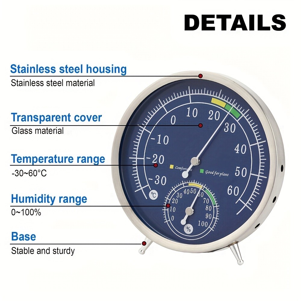 KT THERMO Premium Stainless Steel Indoor Thermo-Hygrometer Analog Temperature & Humidity Monitor with Non-Skid Base (No Battery Needed)