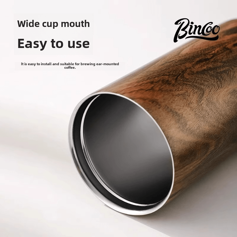 Bincoo Vintage Wood-Grain Insulated Coffee Cup  Stainless Steel Thermal Mug for Stylish On-the-Go Sipping