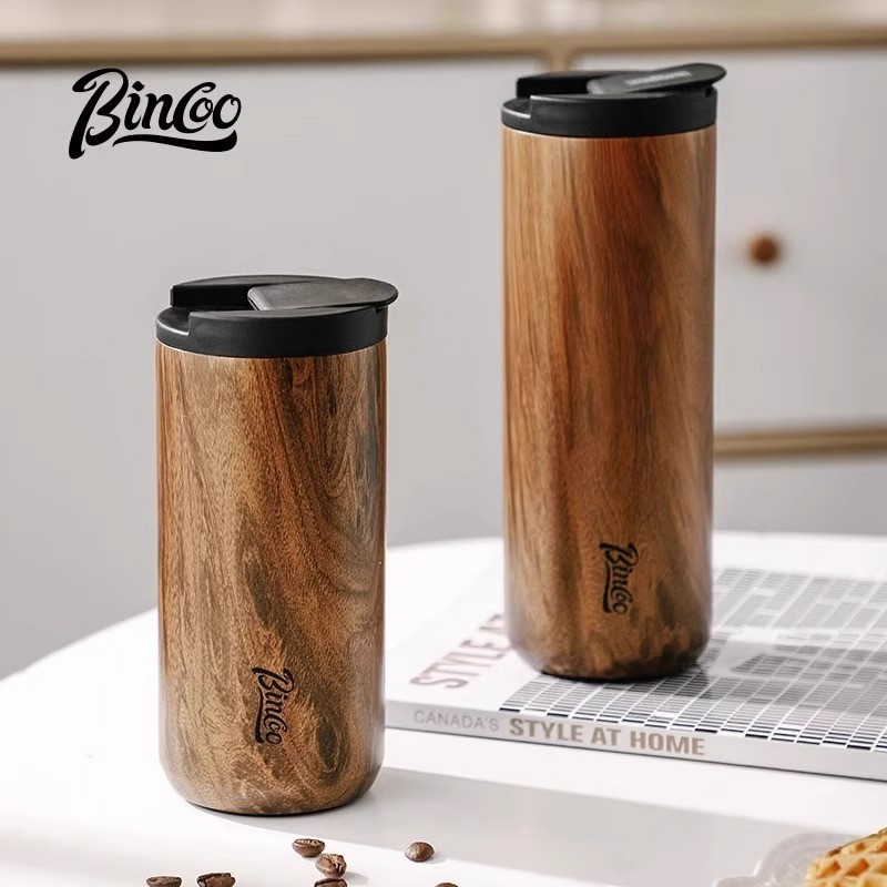 Bincoo Vintage Wood-Grain Insulated Coffee Cup  Stainless Steel Thermal Mug for Stylish On-the-Go Sipping