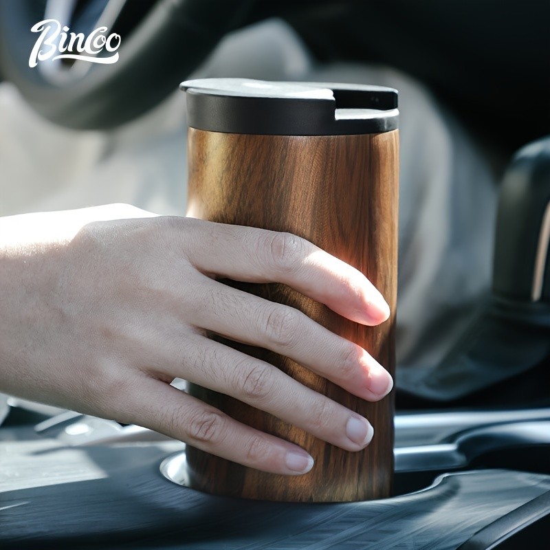 Bincoo Wood-Grain Vacuum Insulated Coffee Mug  Double-Wall Stainless Steel Portable Tumbler with Hanging Earl Design