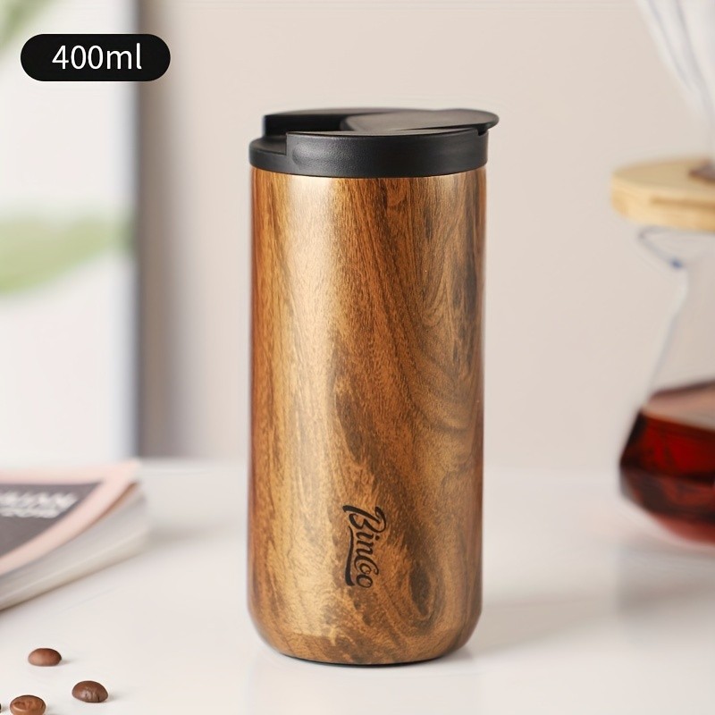 Bincoo Wood-Grain Vacuum Insulated Coffee Mug  Double-Wall Stainless Steel Portable Tumbler with Hanging Earl Design