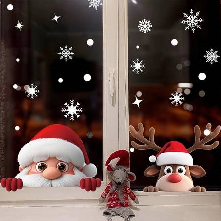 2 Sheets Cute Christmas Window Clings  Santa, Reindeer & Snowflakes (Reusable Static Stickers)