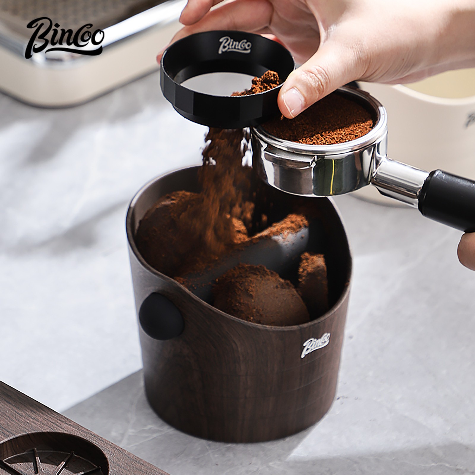 Bincoo Wood Grain Coffee Sludge Bucket  Italian-Style ABS Knock Powder Container for Clean, Easy Waste Storage
