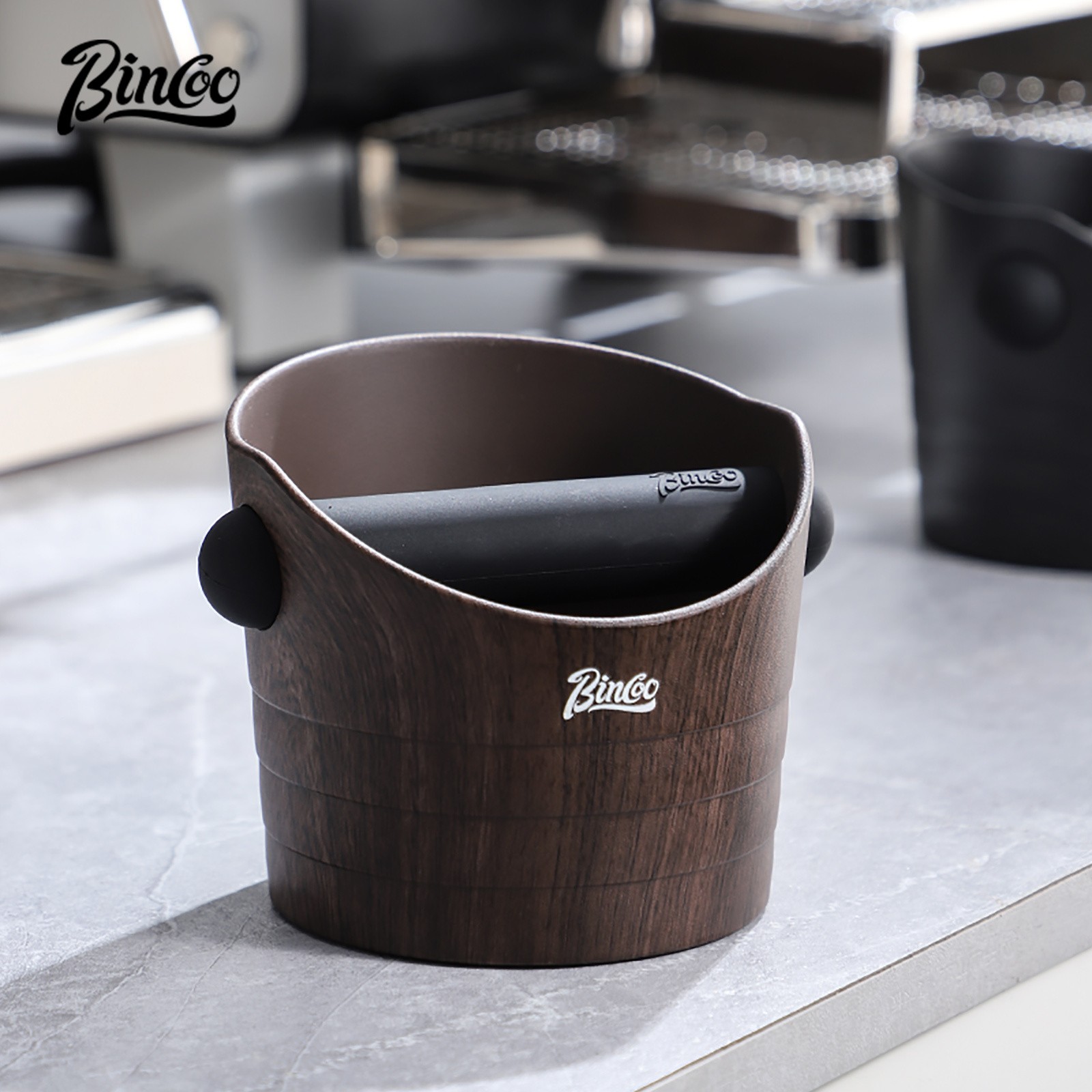 Bincoo Wood Grain Coffee Sludge Bucket  Italian-Style ABS Knock Powder Container for Clean, Easy Waste Storage