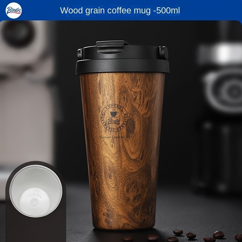Bincoo Wood Grain Insulated Coffee Mug  Stainless Steel Leakproof Travel Tumbler