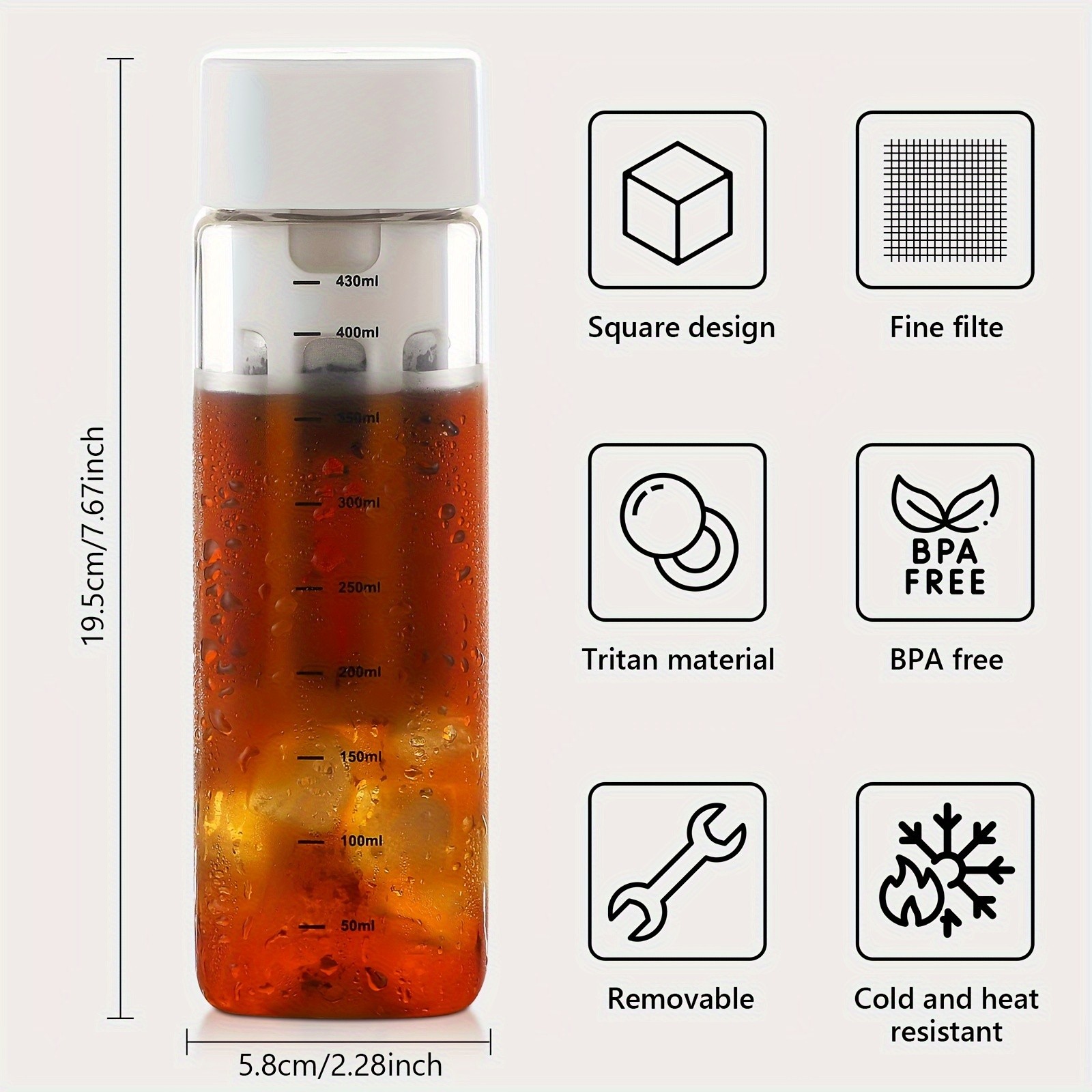 Bincoo Tritan Square Cold Brew Cup  Reusable Filter Coffee Thermos