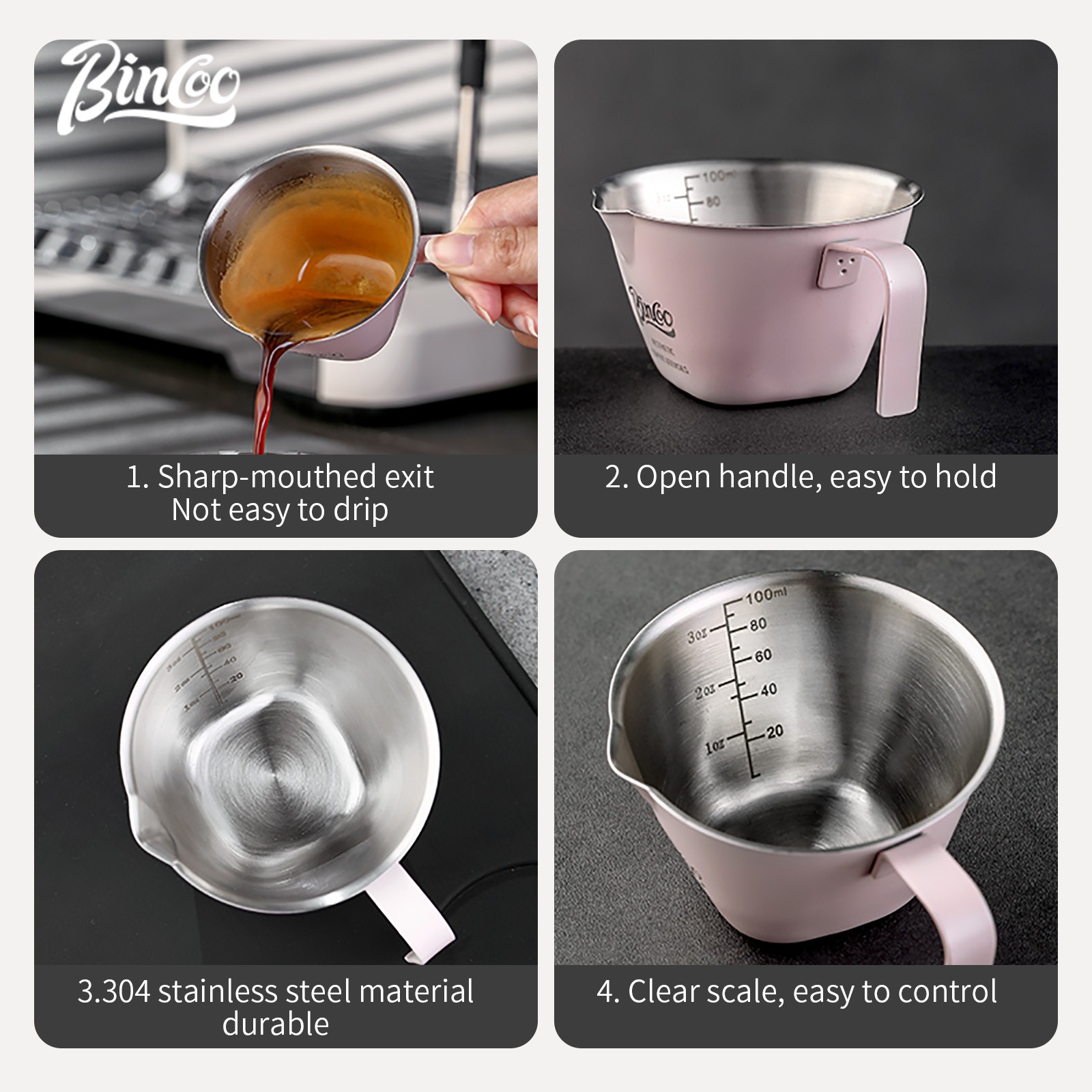 Bincoo Pink Stainless Espresso Measuring Cup 100ml Extraction Cup with Handle