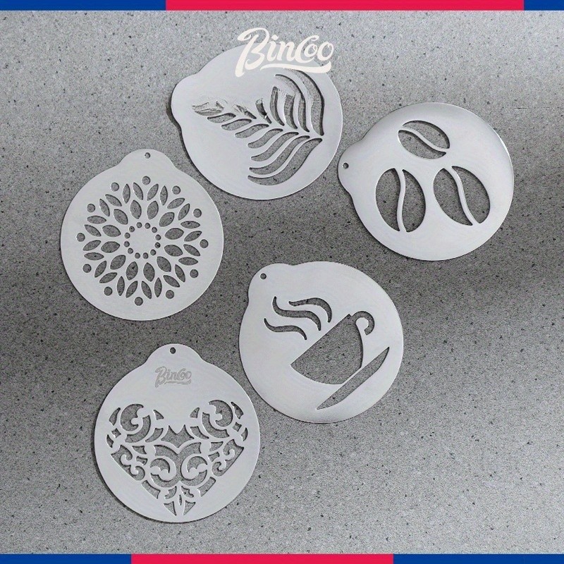 Bincoo Stainless Latte Art Mold Set  5pcs Coffee Pattern Stencil Kit