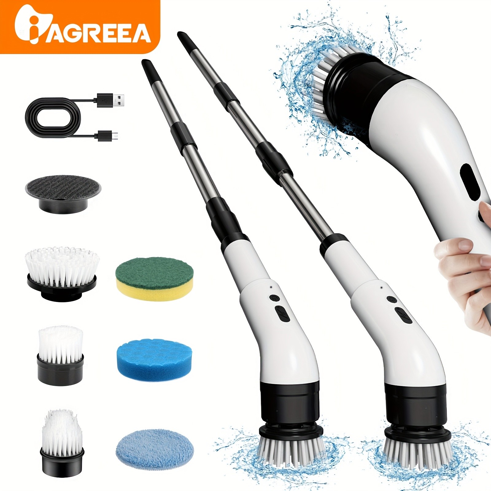 IAGREEA Electric Rotating Cleaning Brush  Cordless 3-Speed Scrubber with Replaceable Heads