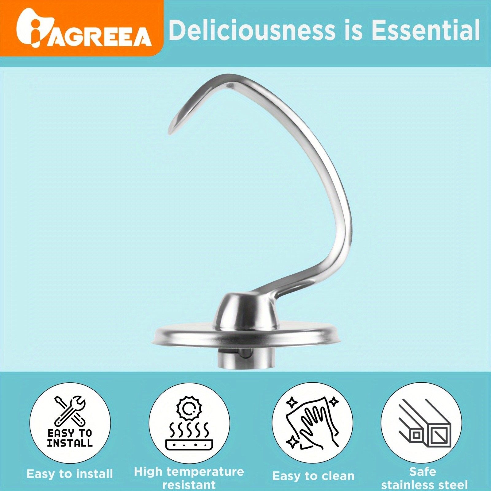 IAGREEA Stainless Spiral Dough Hook  Heavy-Duty Mixer Attachment for Bread & Pizza