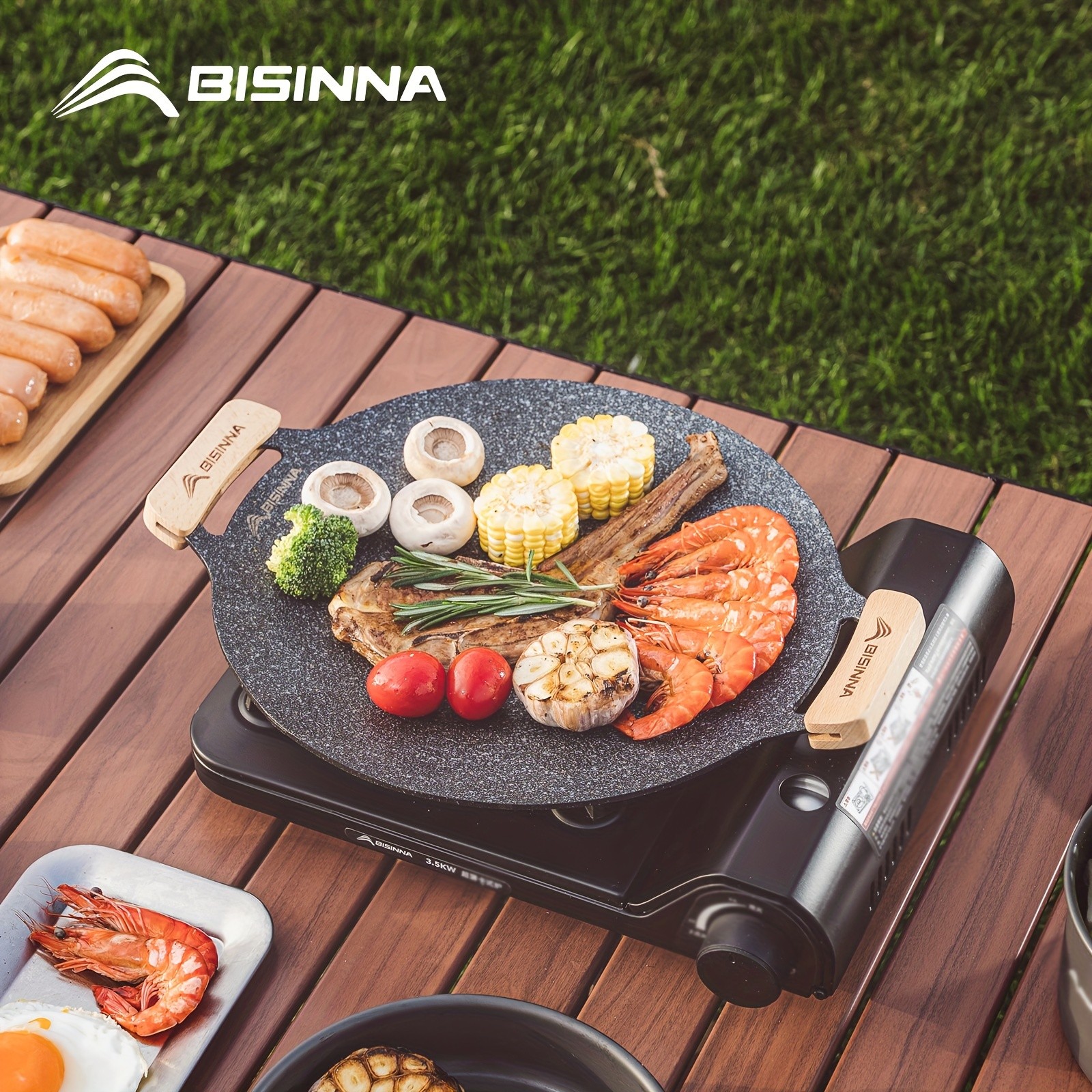 BISINNA Non-Stick Camping Frying Pan  Aluminum Alloy Outdoor Pan with Wooden Handles