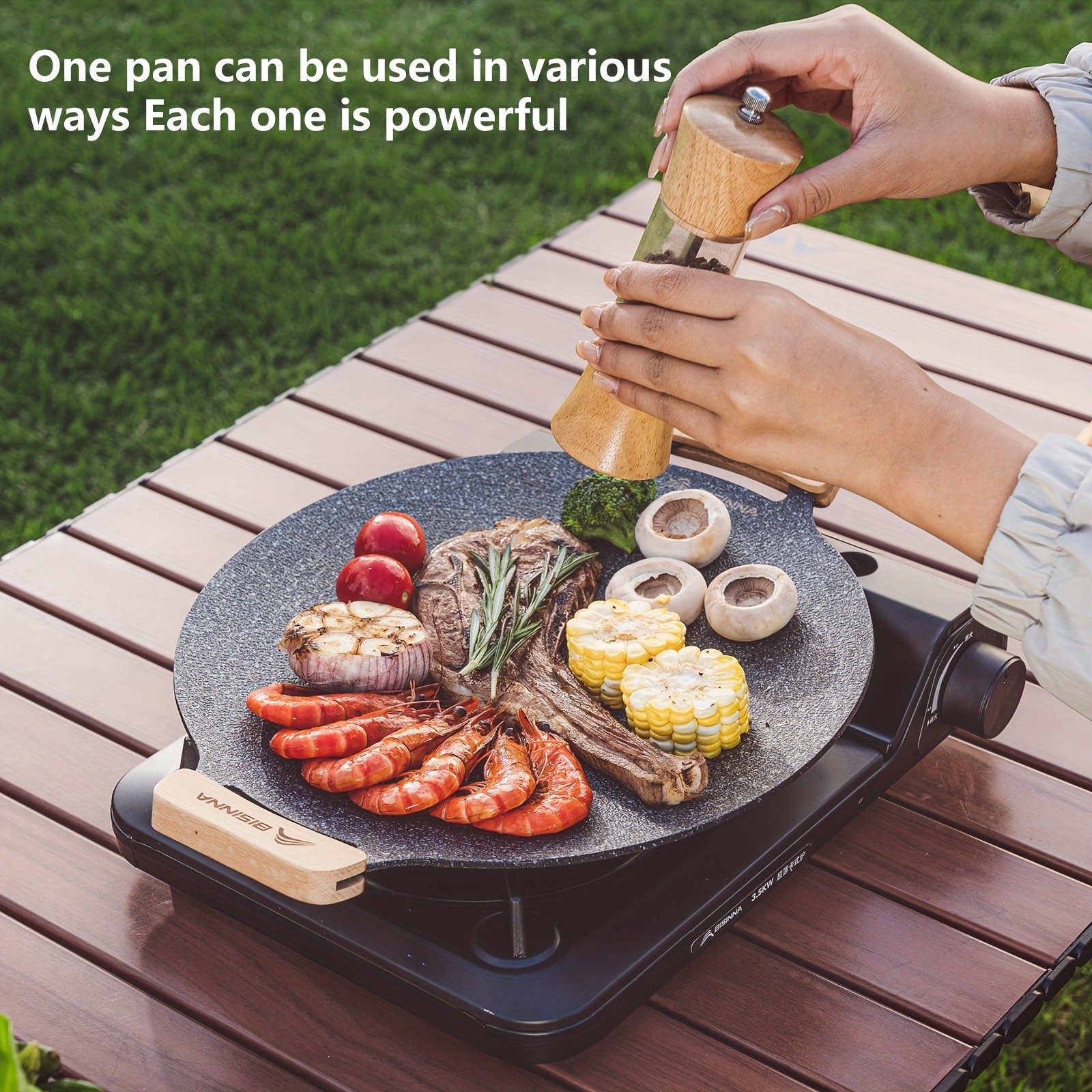 BISINNA Non-Stick Camping Frying Pan  Aluminum Alloy Outdoor Pan with Wooden Handles