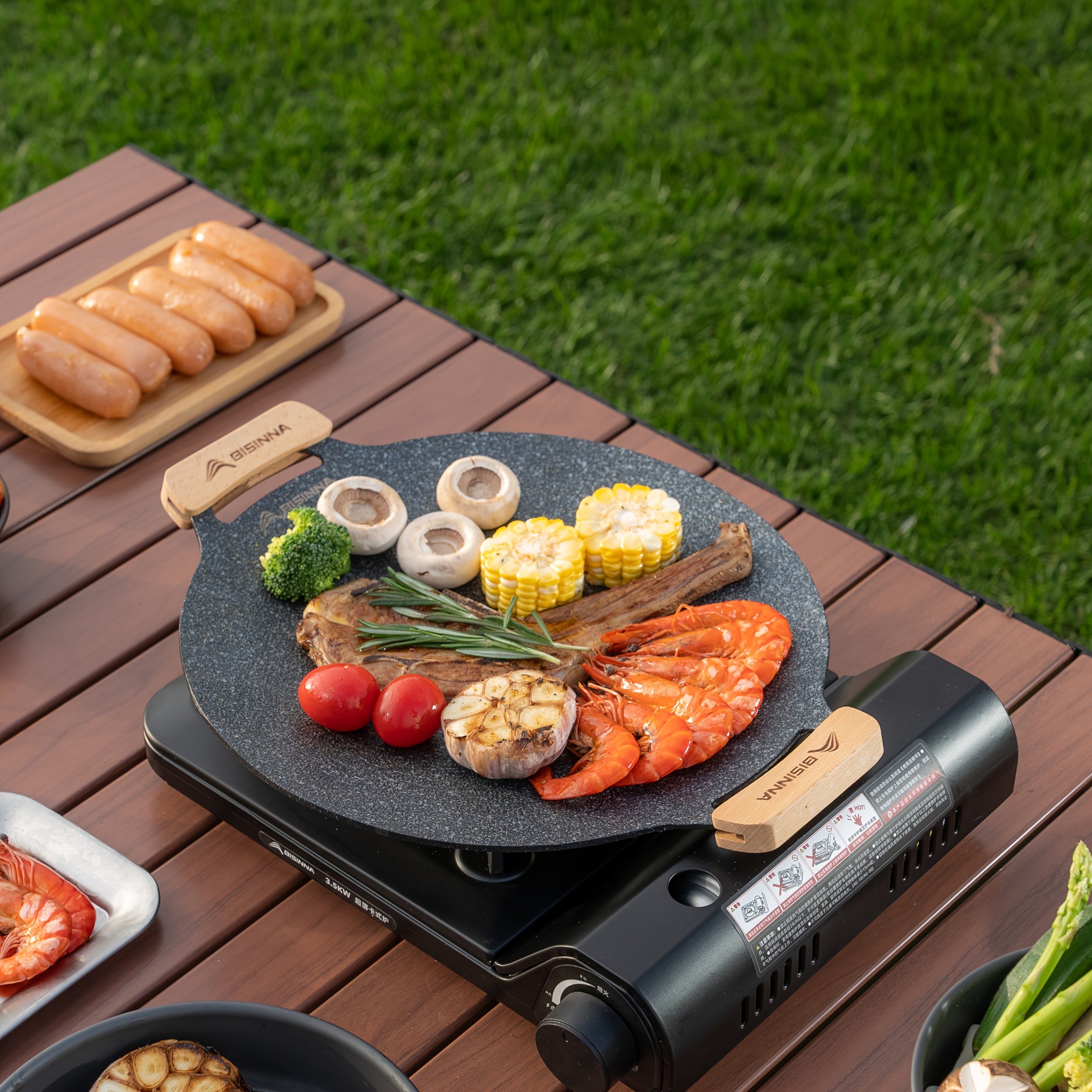 BISINNA Non-Stick Camping Frying Pan  Aluminum Alloy Outdoor Pan with Wooden Handles