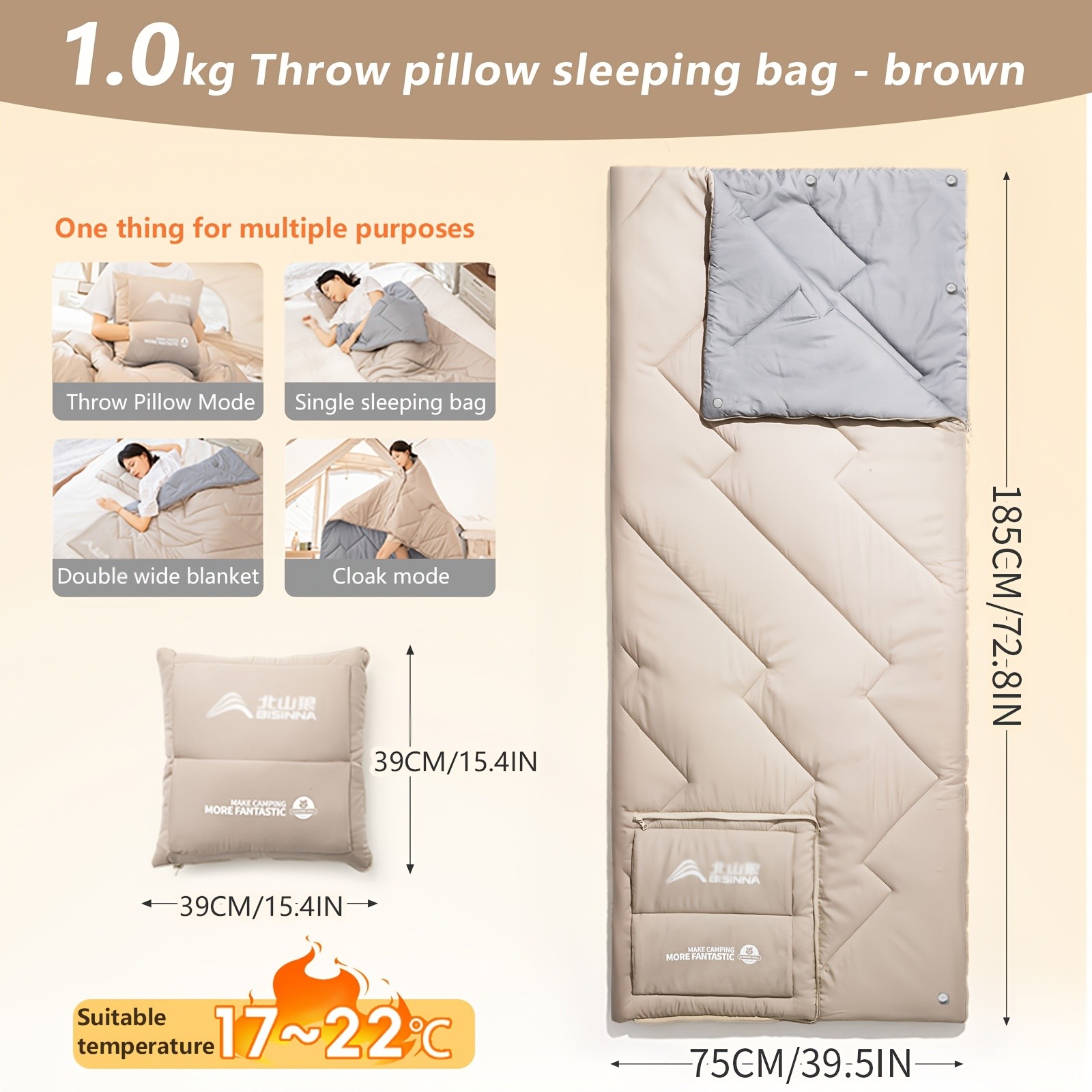 BISINNA 2-in-1 Sleeping Bag & Pillow Lightweight Portable Polyester Travel Bag