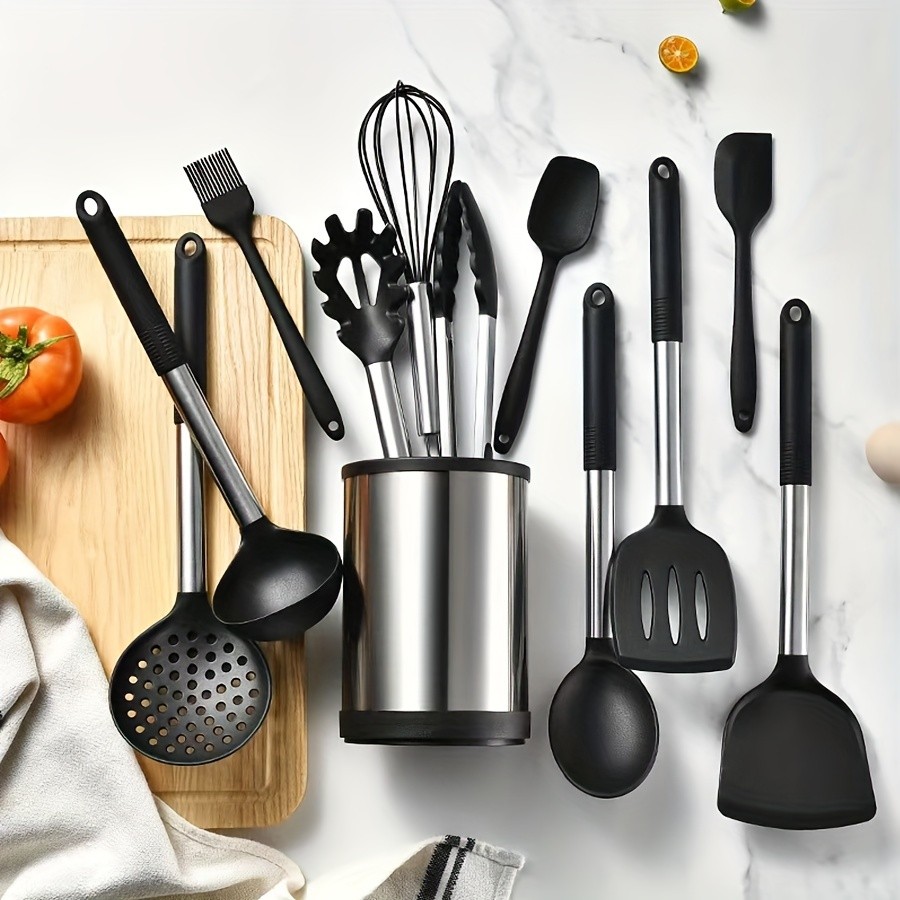 WIEZ Rotating Stainless Steel Utensil Holder  360 Cutlery & Tool Organiser with Drainage and Dividers