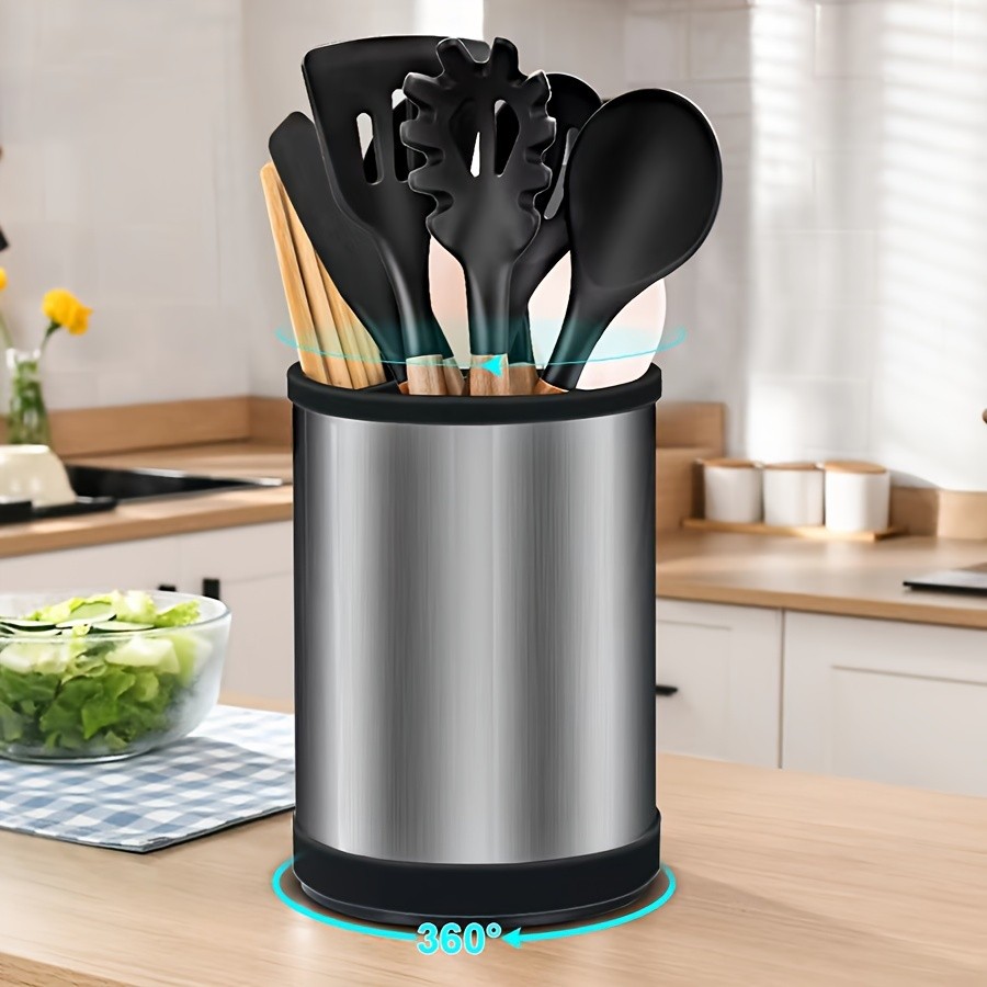 WIEZ Rotating Stainless Steel Utensil Holder  360 Cutlery & Tool Organiser with Drainage and Dividers