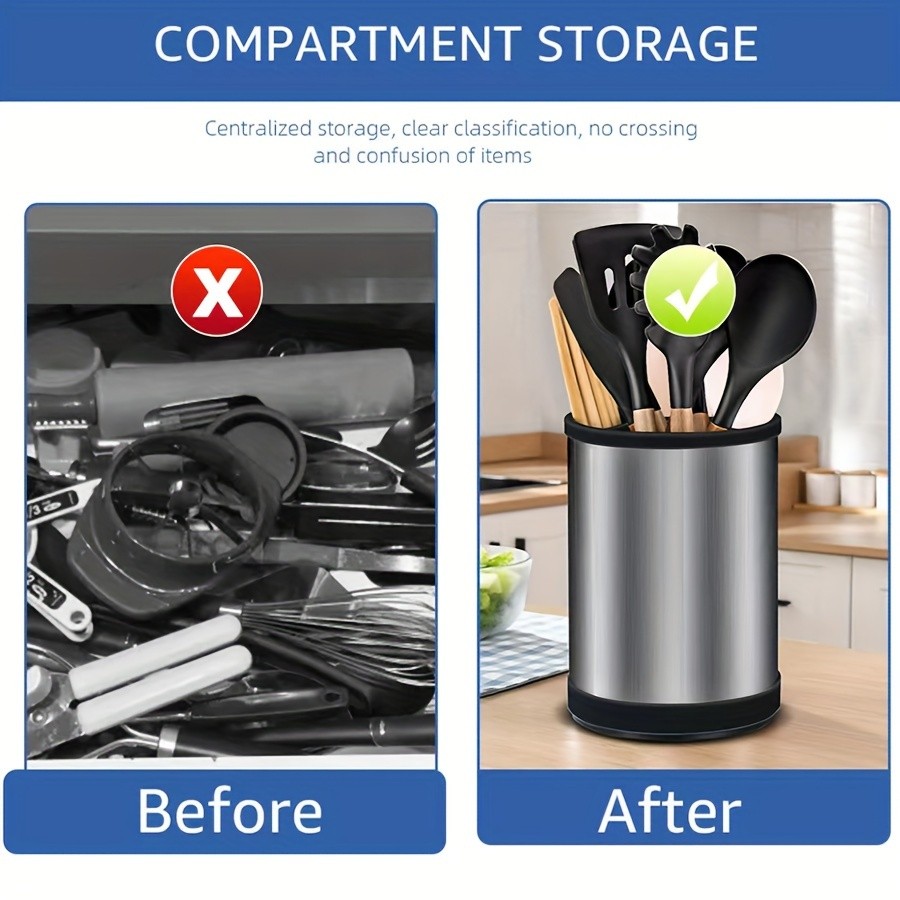 WIEZ Rotating Stainless Steel Utensil Holder  360 Cutlery & Tool Organiser with Drainage and Dividers