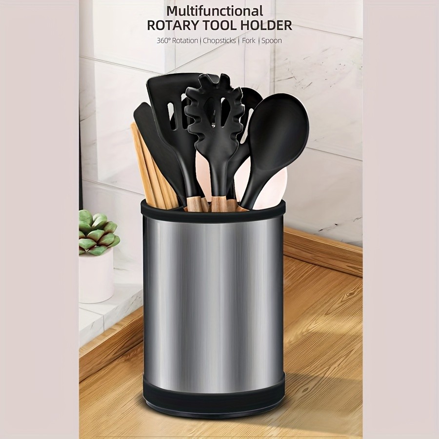 WIEZ Rotating Stainless Steel Utensil Holder  360 Cutlery & Tool Organiser with Drainage and Dividers