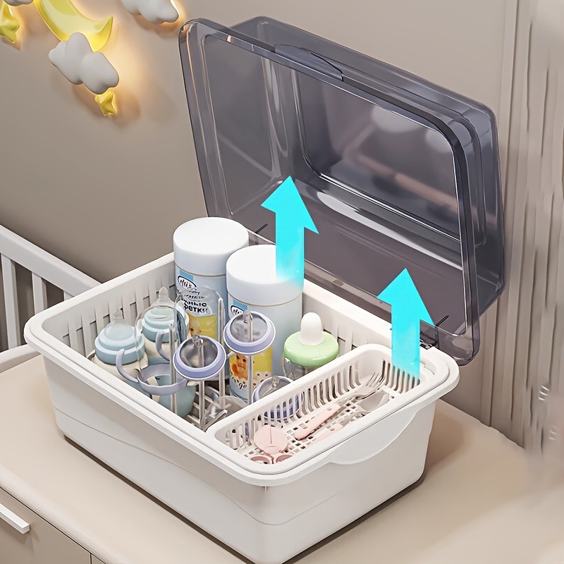 WIEZ Large-Capacity Baby Bottle Organizer  Dustproof Drainage Drying Rack & Space-Saving Storage Shelf