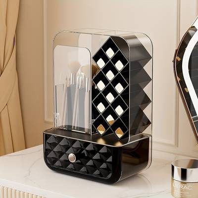 Plastic Cosmetic Organizer Box Compact Makeup Storage with Brush & Lipstick Holders