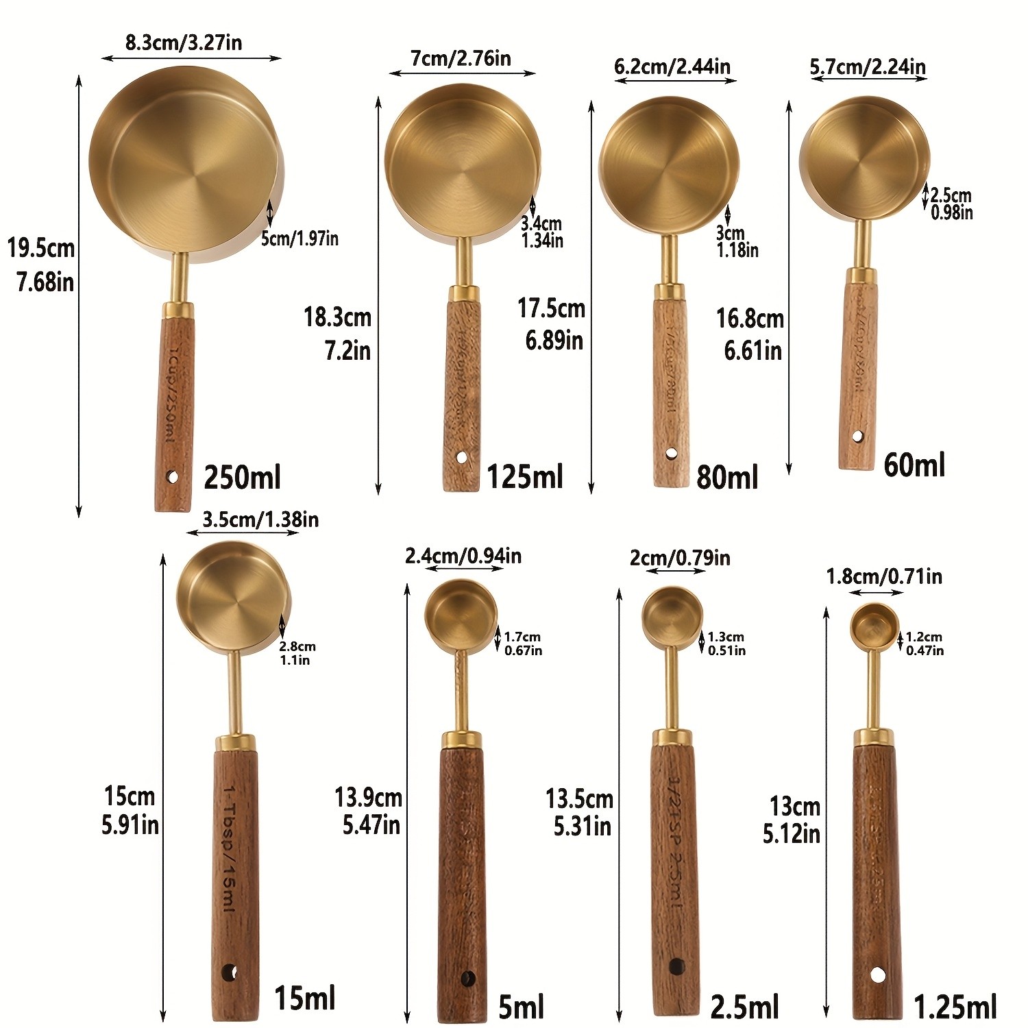 WIEZ Stainless Steel Measuring Cup & Spoon Set  4/8-Piece Polished Set with Wooden Handles & Dual Markings