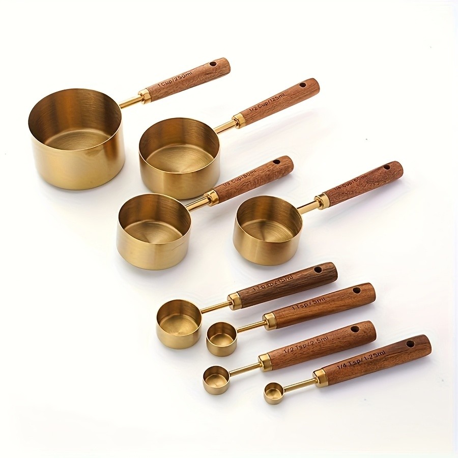 WIEZ Stainless Steel Measuring Cup & Spoon Set  4/8-Piece Polished Set with Wooden Handles & Dual Markings