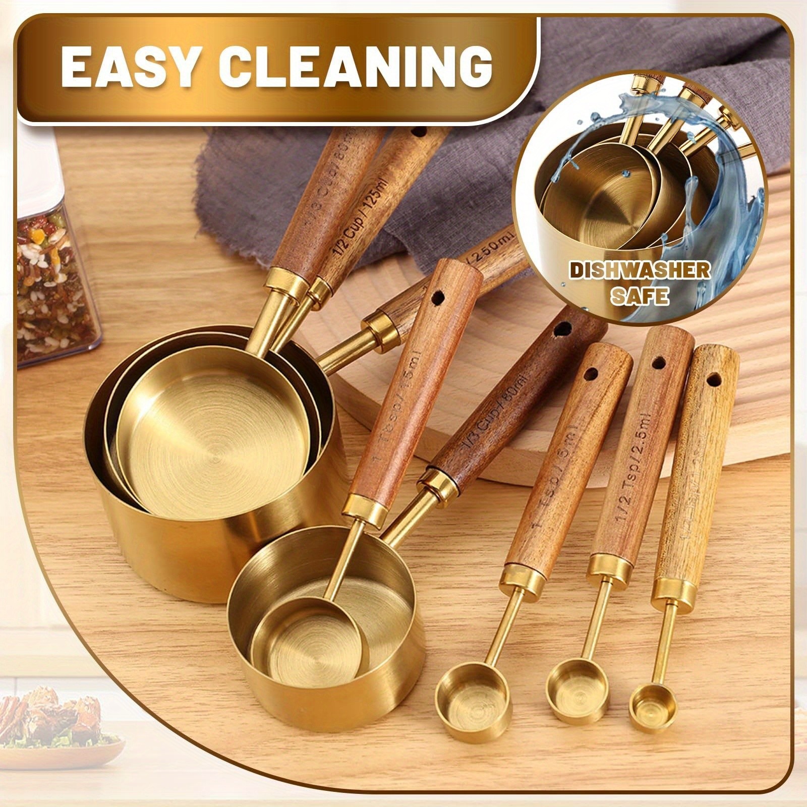 WIEZ Stainless Steel Measuring Cup & Spoon Set  4/8-Piece Polished Set with Wooden Handles & Dual Markings