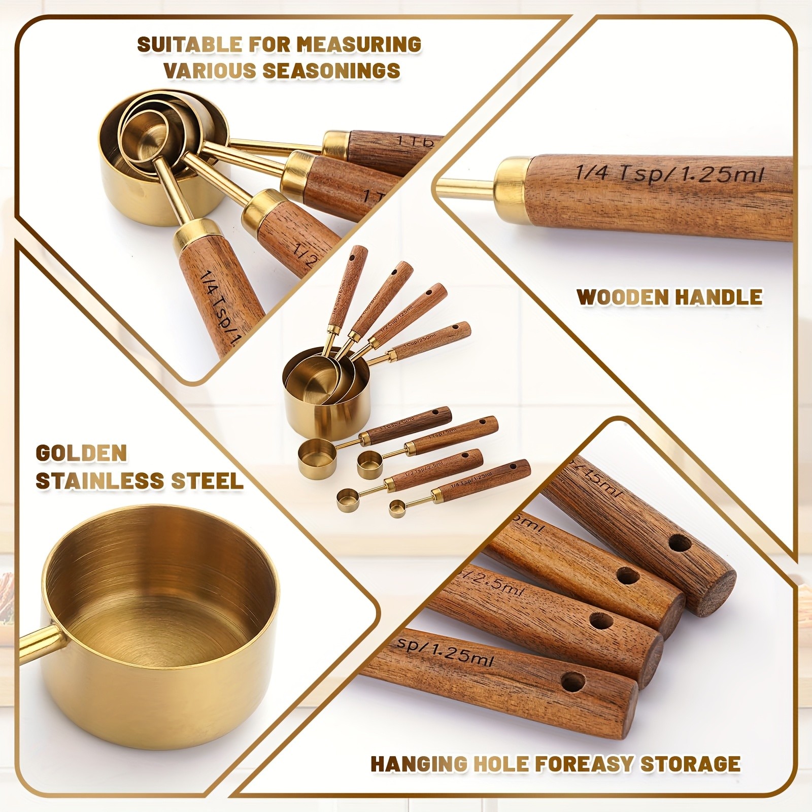 WIEZ Stainless Steel Measuring Cup & Spoon Set  4/8-Piece Polished Set with Wooden Handles & Dual Markings