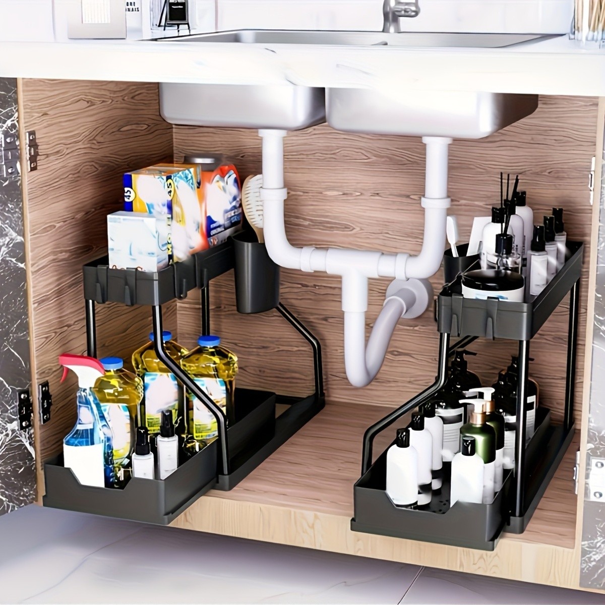 WIEZ Multi-Tier Pull-Out Kitchen Sink Organizer Durable Space-Saving Storage Rack with Removable Shelves
