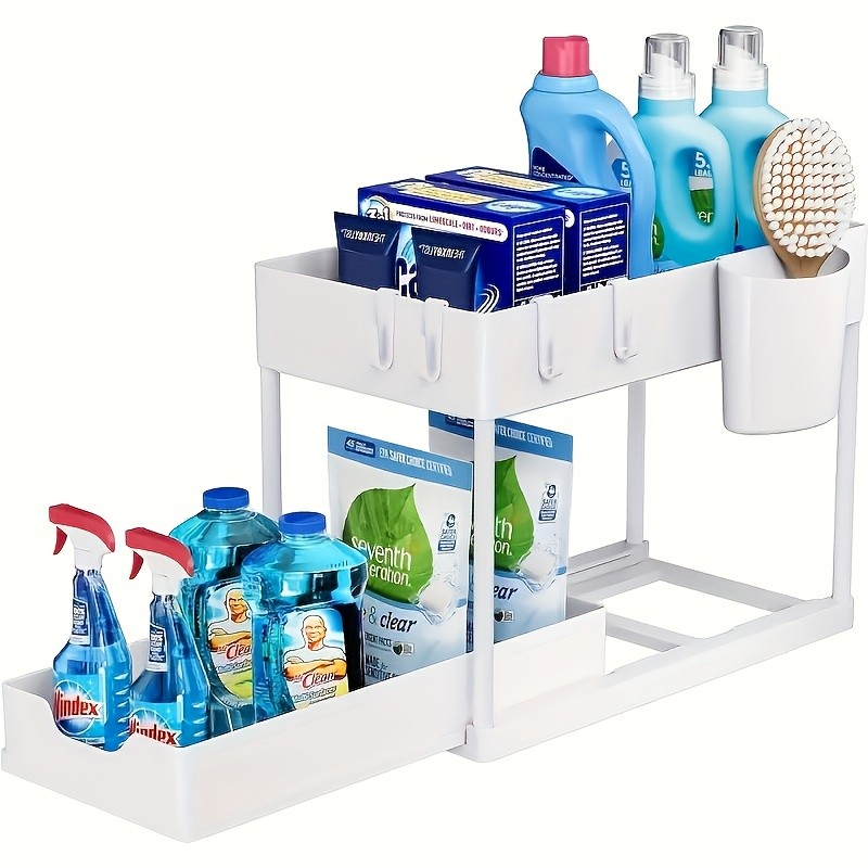 WIEZ 2-Layer Sliding Sink Storage Rack Multi-Tier Cabinet Organizer with Drawers & Hooks for Kitchen and Bathroom