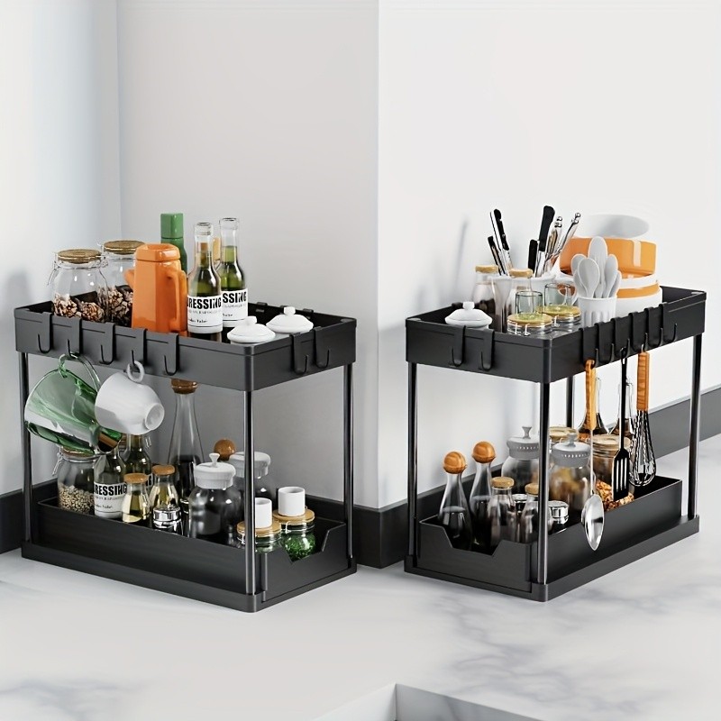 WIEZ 2-Layer Sliding Sink Storage Rack  Multi-Tier Cabinet Organizer with Drawers & Hooks for Kitchen and Bathroom