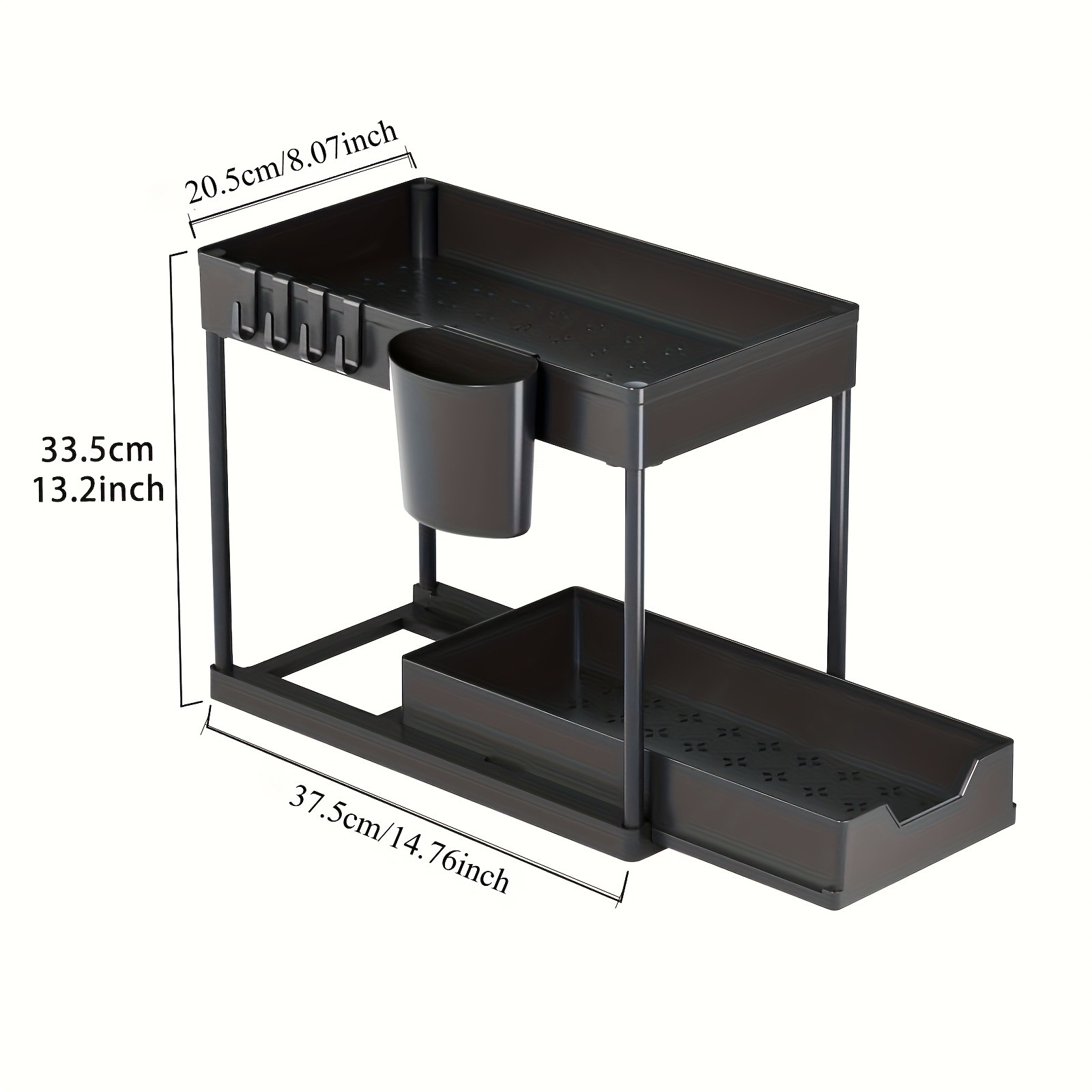 WIEZ 2-Layer Sliding Sink Storage Rack Multi-Tier Cabinet Organizer with Drawers & Hooks for Kitchen and Bathroom
