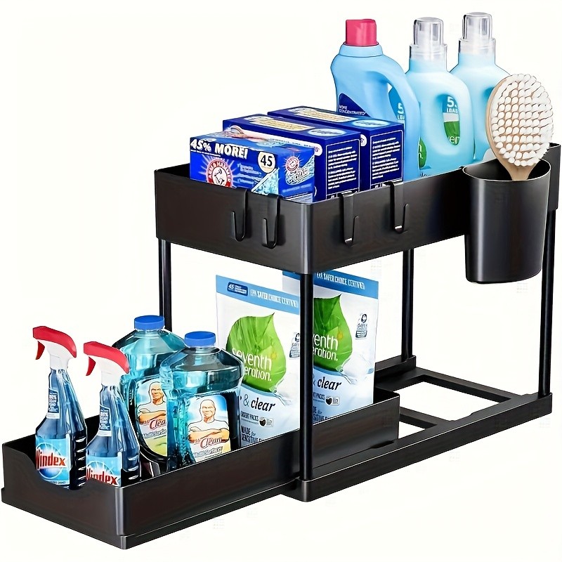 WIEZ 2-Layer Sliding Sink Storage Rack Multi-Tier Cabinet Organizer with Drawers & Hooks for Kitchen and Bathroom