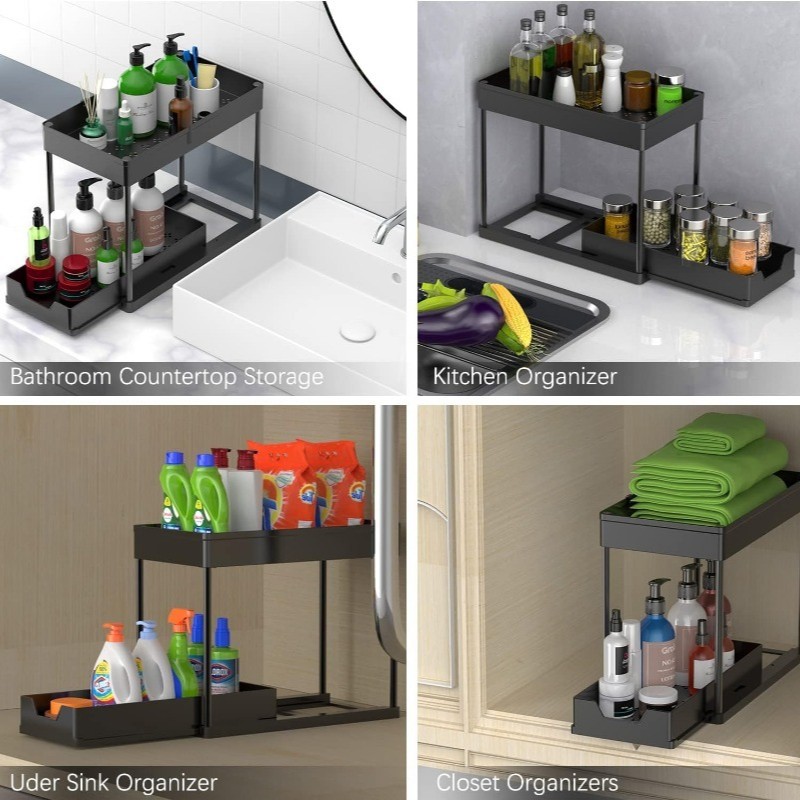WIEZ 2-Layer Sliding Sink Storage Rack Multi-Tier Cabinet Organizer with Drawers & Hooks for Kitchen and Bathroom