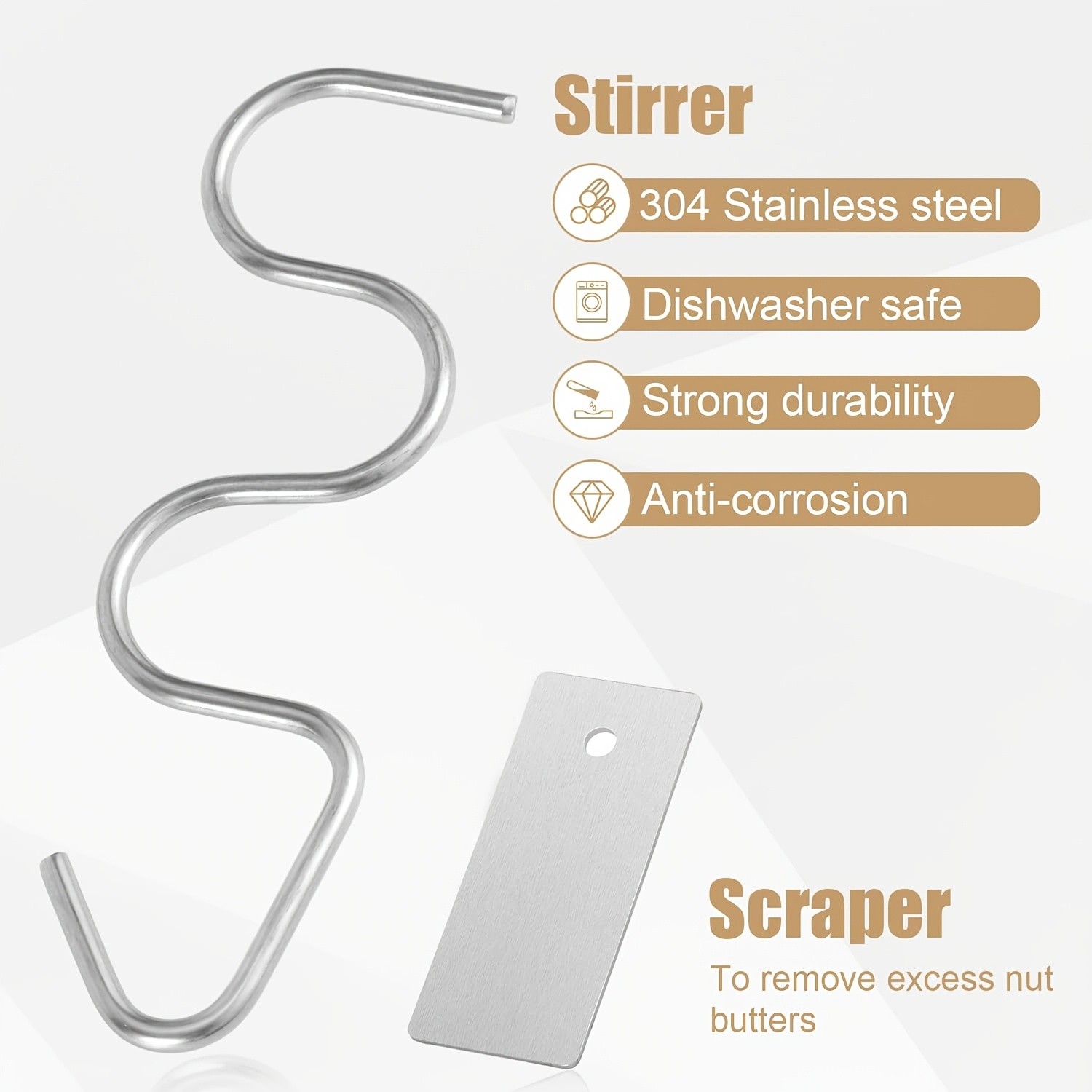 WIEZ Stainless Steel Peanut Butter Mixer & Scraper  Heavy-Duty 430 Steel Tool with Ergonomic Handle for 1230oz Jars