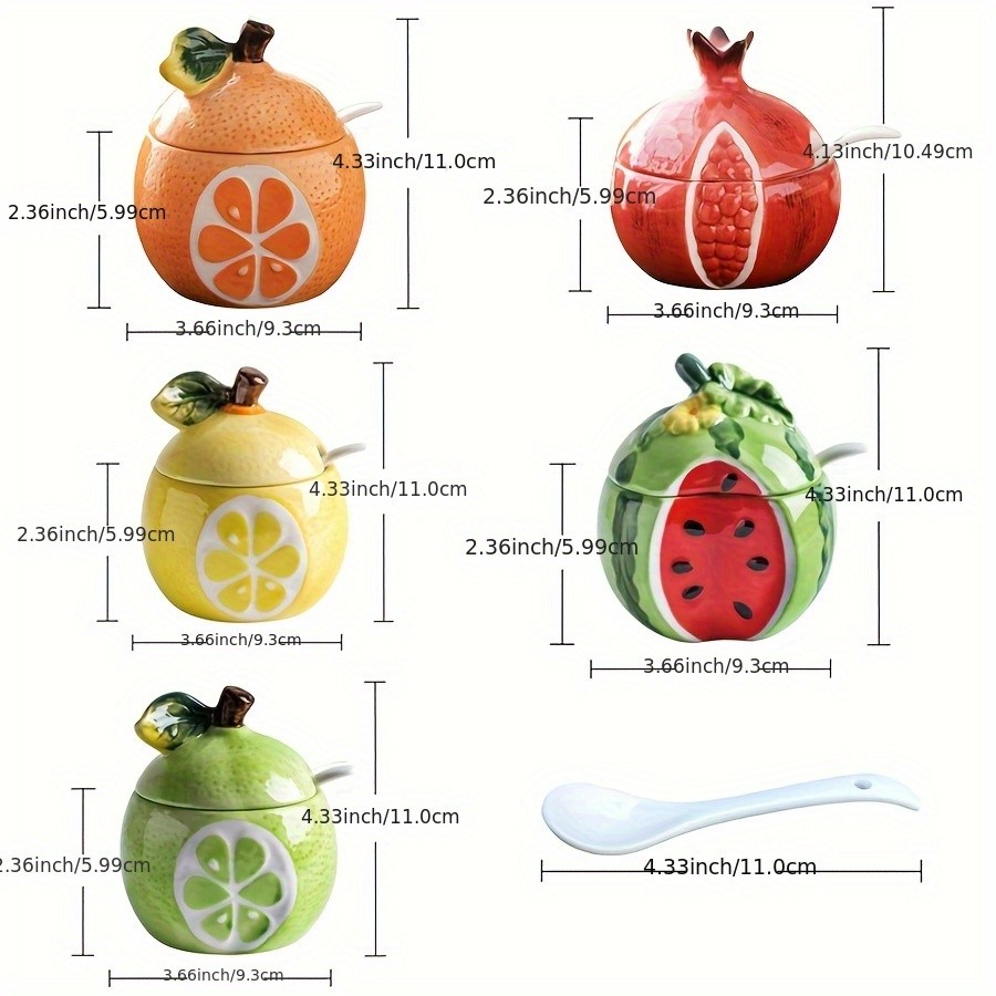 WIEZ Ceramic Fruit-Shaped Salt & Pepper Shakers  Decorative Lidded Jars with Spoons for Spices, Sugar & Tea