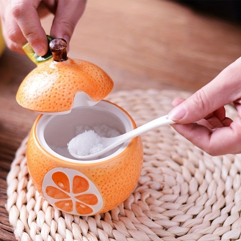 WIEZ Ceramic Fruit-Shaped Salt & Pepper Shakers  Decorative Lidded Jars with Spoons for Spices, Sugar & Tea