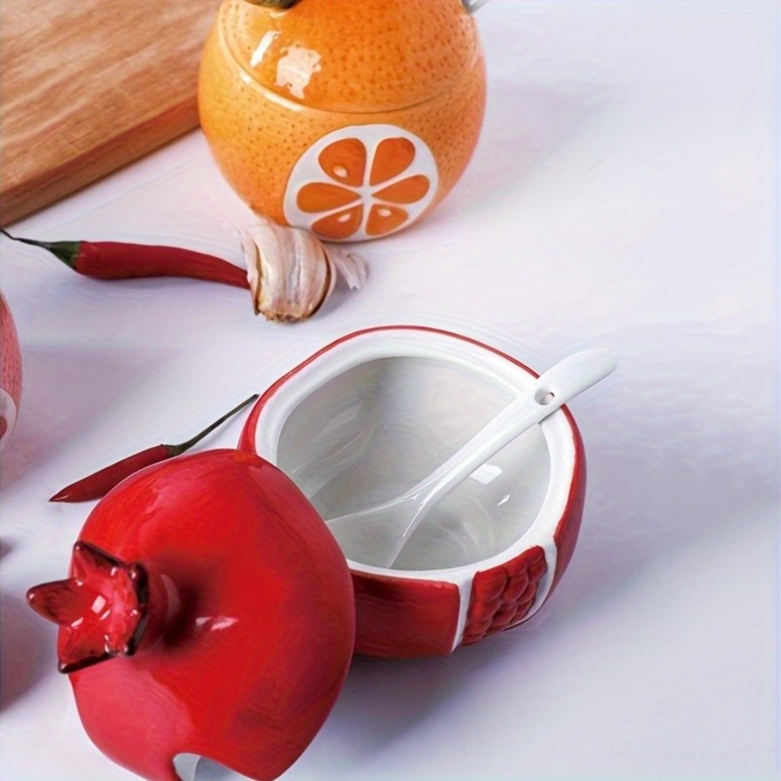 WIEZ Ceramic Fruit-Shaped Salt & Pepper Shakers  Decorative Lidded Jars with Spoons for Spices, Sugar & Tea