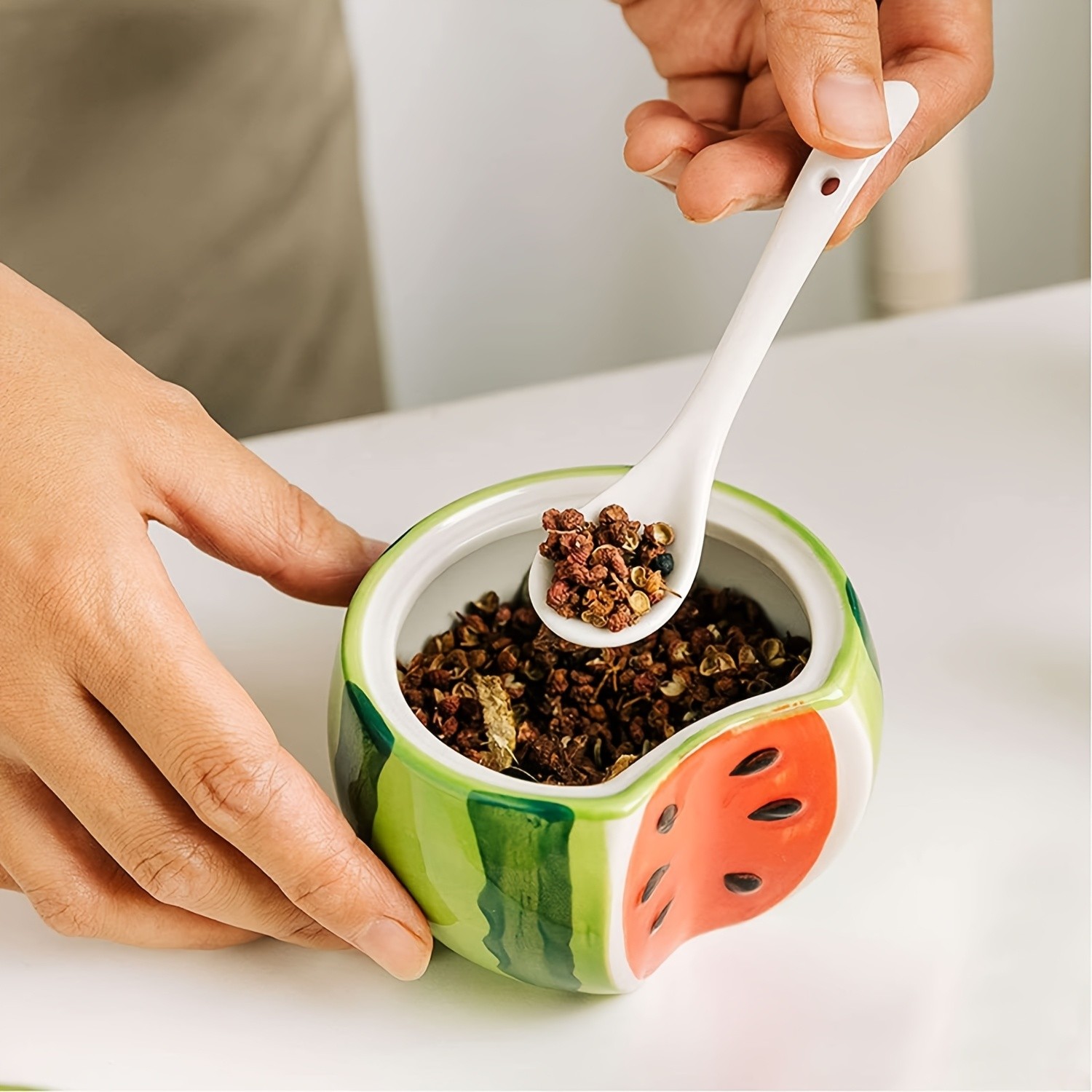 WIEZ Ceramic Fruit-Shaped Salt & Pepper Shakers  Decorative Lidded Jars with Spoons for Spices, Sugar & Tea