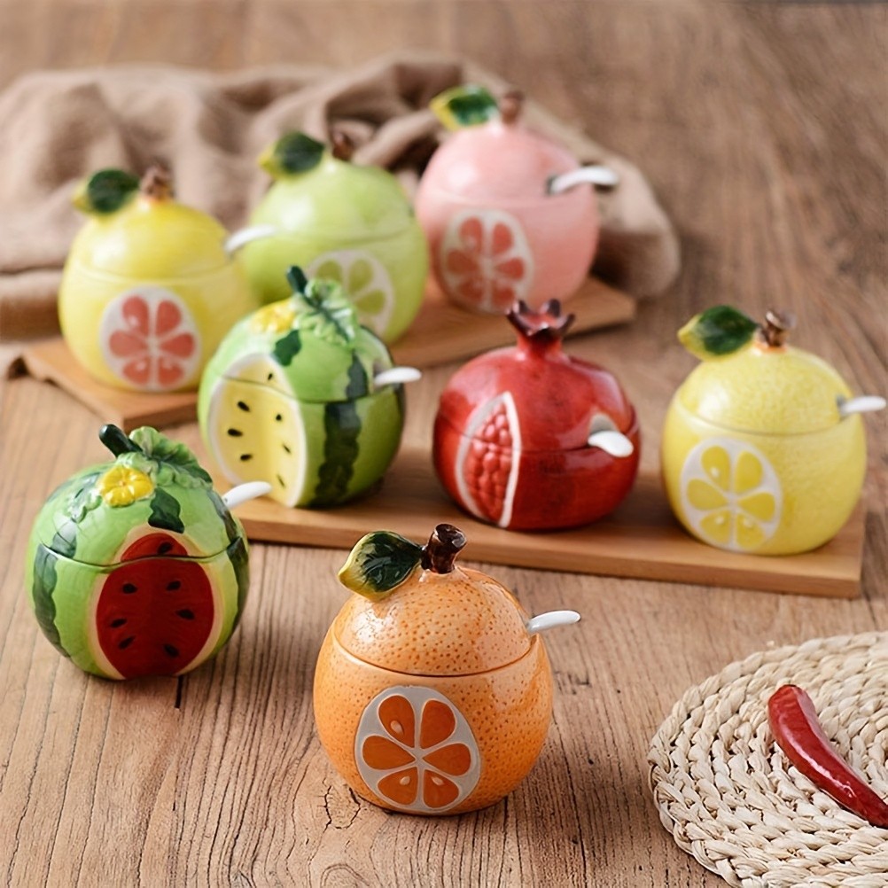 WIEZ Ceramic Fruit-Shaped Salt & Pepper Shakers  Decorative Lidded Jars with Spoons for Spices, Sugar & Tea