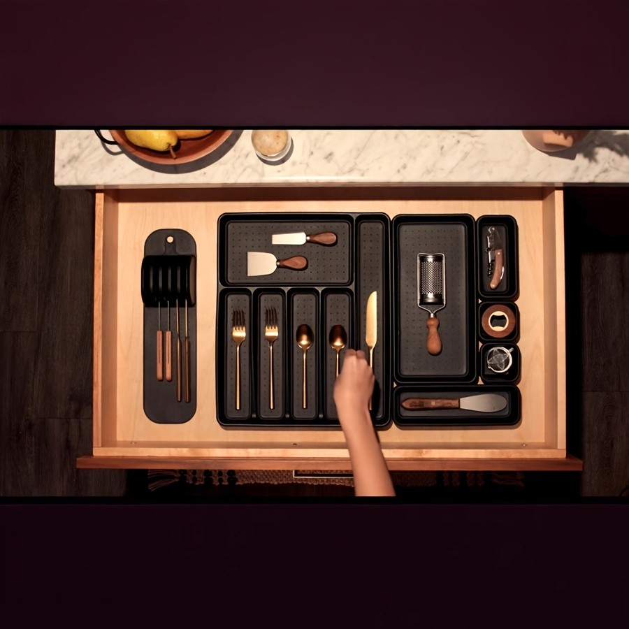 WIEZ 5-Slot Plastic & Silicone Knife Storage Rack  Soft-Edge Non-Slip Drawer Organizer for Space-Saving Kitchen Safety