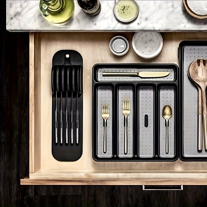 WIEZ 5-Slot Plastic & Silicone Knife Storage Rack  Soft-Edge Non-Slip Drawer Organizer for Space-Saving Kitchen Safety